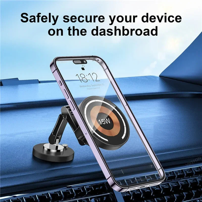 15W Magnetic Wireless Car Charger Mount – Strong MagSafe Phone Holder with 360° Rotation & Fast Charging for iPhone 15/14/13/12