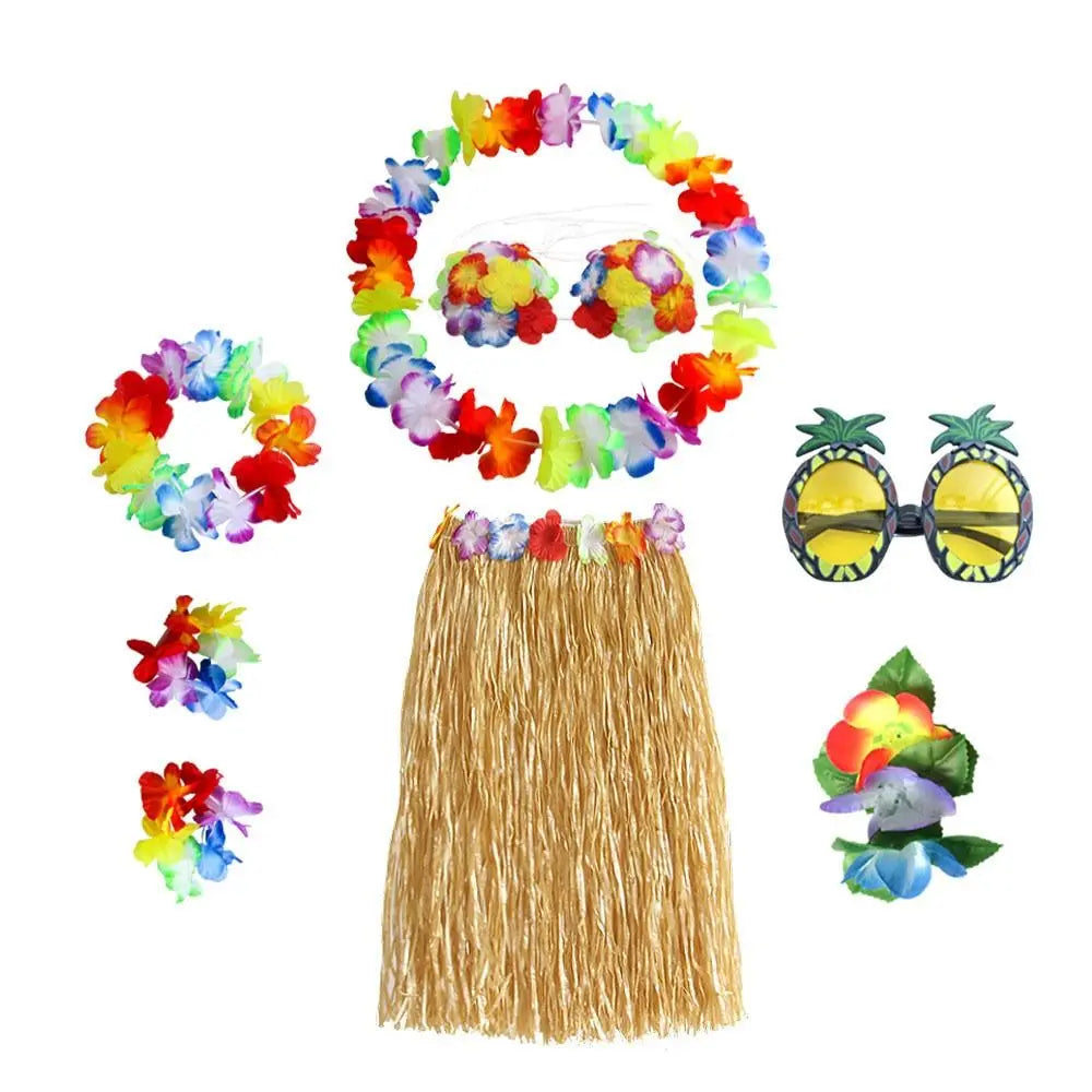 8-Piece Hawaiian Hula Costume Set – Grass Skirt, Flower Lei Necklace, Headband, Anklets & Bracelets for Parties and Dress-Up