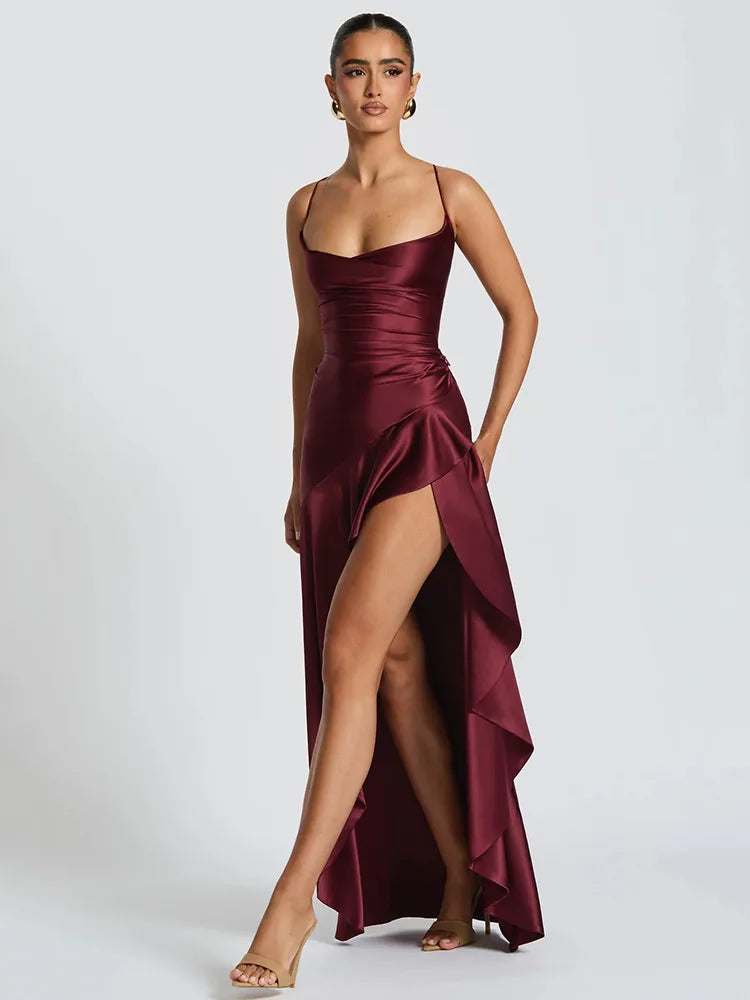 Elegant Spaghetti Strap Satin Split Maxi Dress for Women – Sexy Backless Bodycon Party & Evening Dress, Perfect for Summer Holidays & Beachwear