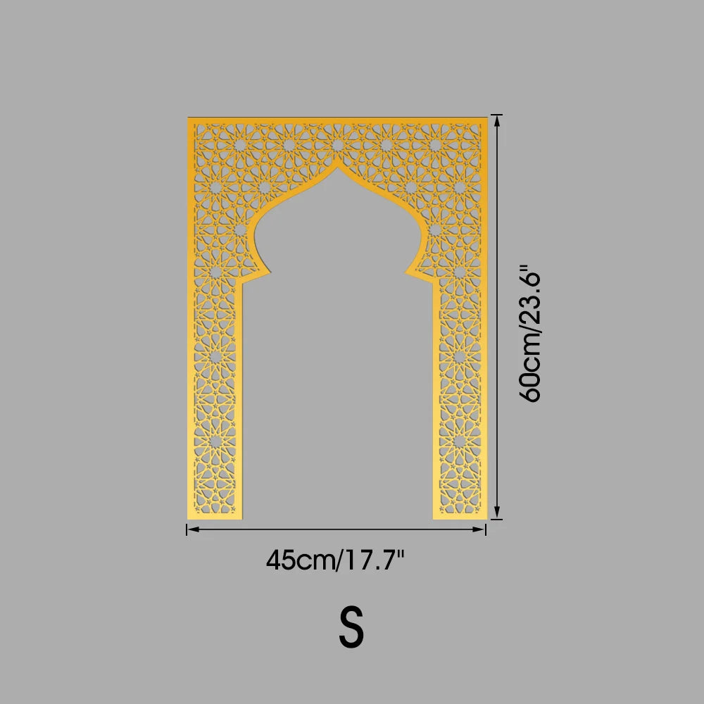 Islamic Arch Mirror Wall Sticker – Gold Acrylic 3D Mosque Frame Decal with Geometric Pattern for Ramadan & Eid Decor