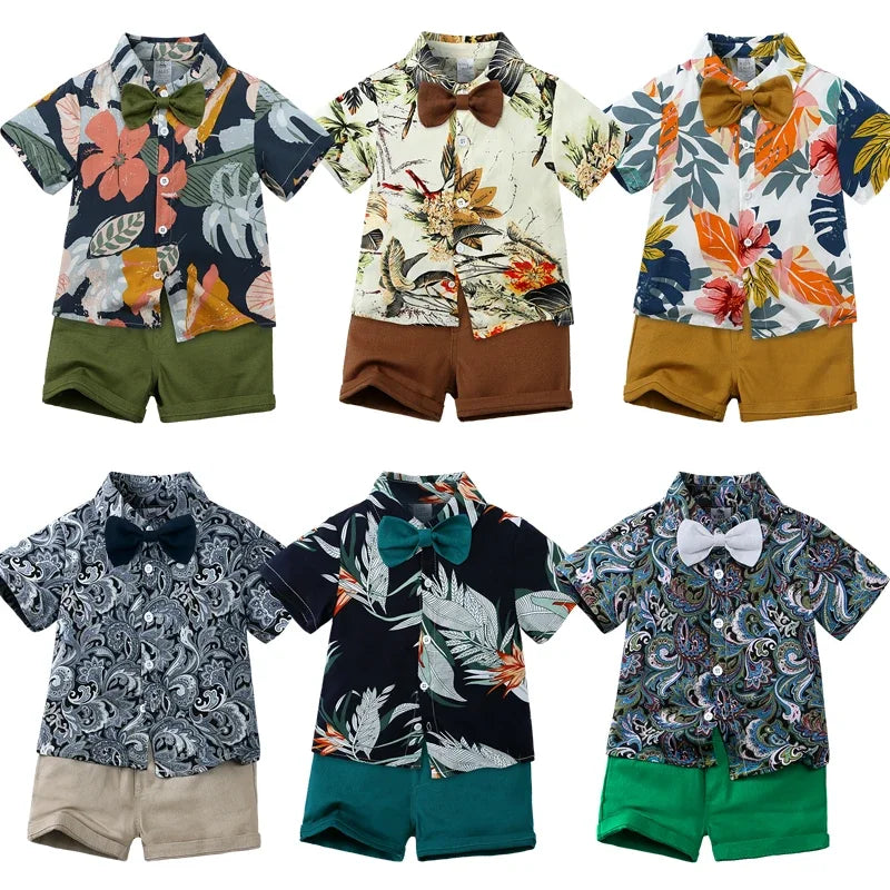 Baby Boys Floral Shirt & Shorts Set with Bowtie, Summer Gentleman Outfit for Infants and Kids