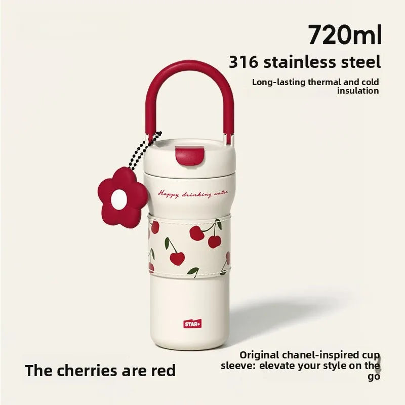 Portable Cherry Series Stainless Steel Insulated Straw Tumbler – Double-Wall Vacuum Travel Water Bottle for Hot & Cold Drinks