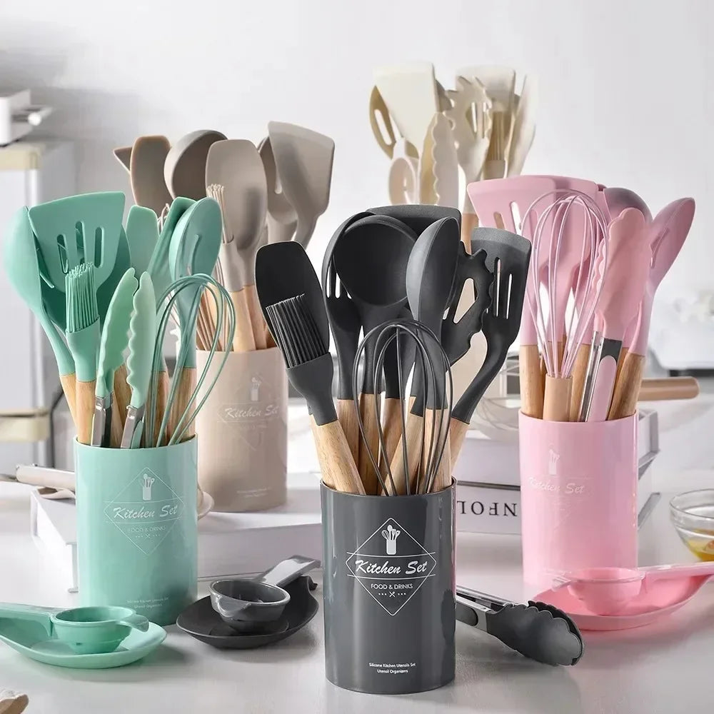 12-Piece Non-Stick Silicone Cooking Spoon Set with Wooden Handles – Heat-Resistant Kitchen Utensils with Storage Container | Ideal for Home & Professional Use
