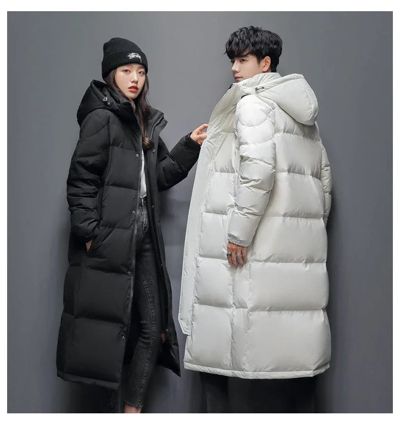 Winter Long White Down Jackets Men Women Hooded Thick Warm Over-the-Knee Puffer Jacket Man Overcoats Couple Padded Down Coat