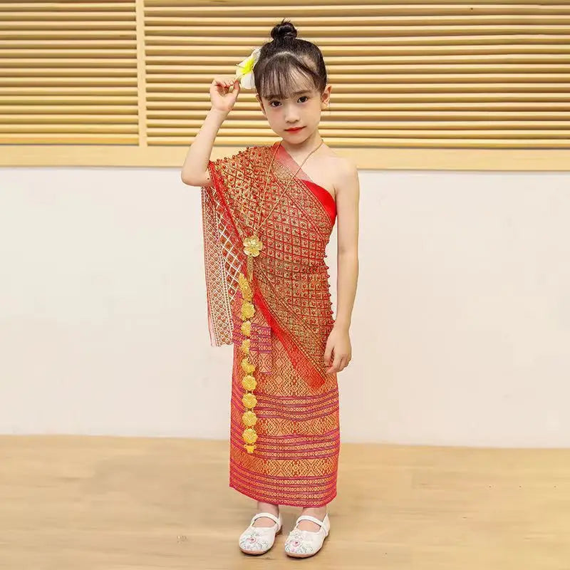 Girls’ Thai Traditional Festival Dress – Bride & Dai Minority Costume with Gilded Yarn, Travel & Party Outfit