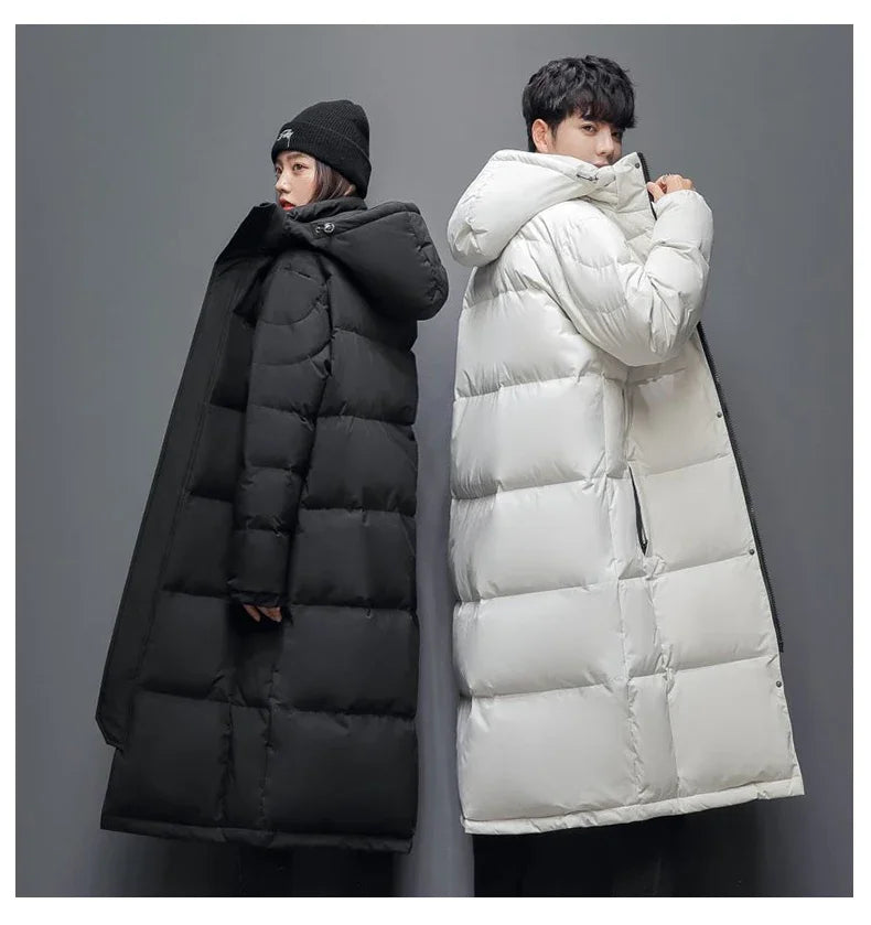 Winter Long White Down Jackets Men Women Hooded Thick Warm Over-the-Knee Puffer Jacket Man Overcoats Couple Padded Down Coat