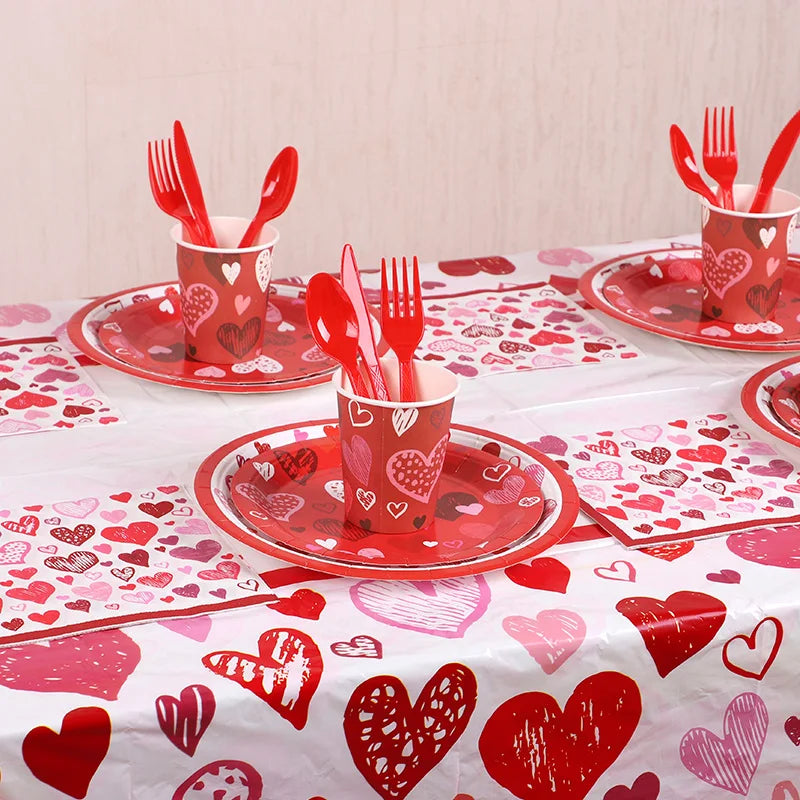 Love Heart Disposable Tableware Set – Paper Plates, Cups, Napkins & Tablecloth for Valentine’s Day, Wedding, Anniversary & Party Decor