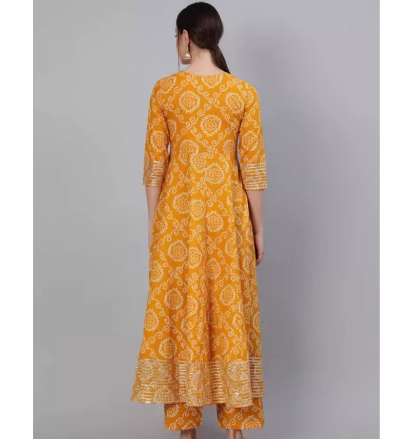 Women's Yellow Printed Cotton Indian Traditional Kurta Set with Pants & Dupatta (3-Piece)