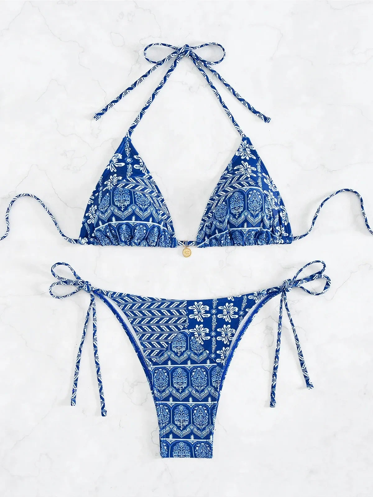 Women’s Blue Floral Print 2-Piece Bikini Set – Push-Up Bra and Thong Swimsuit for Beach and Swimwear