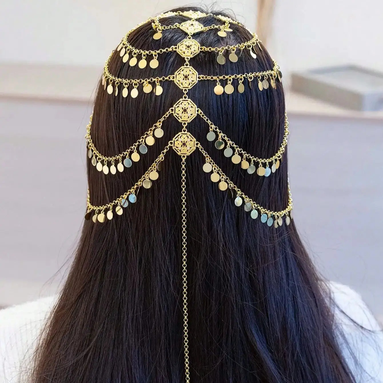 Kurdish-Ottoman-Arabic Bridal Headdress – 24K Gold-Plated Coin Veil Chain with Evil Eye Fringe for Henna Night & Wedding Ceremonies