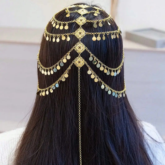 Kurdish-Ottoman-Arabic Bridal Headdress – 24K Gold-Plated Coin Veil Chain with Evil Eye Fringe for Henna Night & Wedding Ceremonies