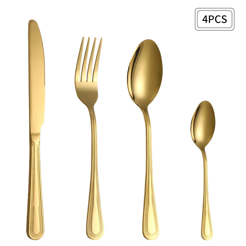 24pc Stainless steel gold cutlery set knife fork spoon steak knife fork dessert fork spoon retro suitable for restaurant kitchen