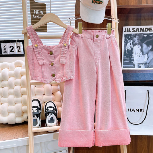 Summer New Mid size Children's Fashion Denim Set with Single breasted Sling Top +Straight leg Pants Kids Girls Clothes Suit 4-13