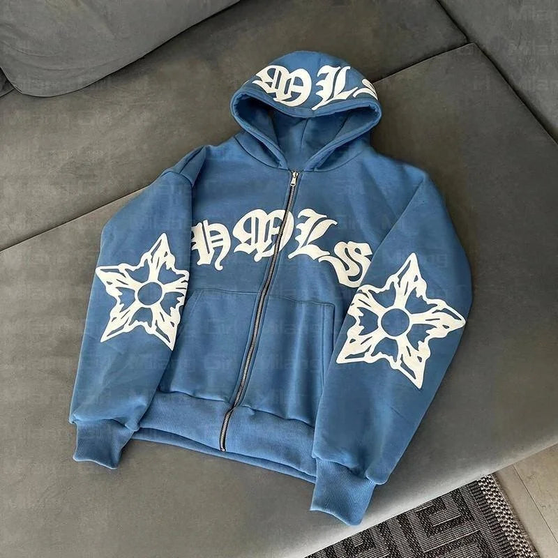 Gothic Style Women’s Zip Hoodie, Snowflake Graphic Fleece-Lined Sweatshirt with Long Sleeves