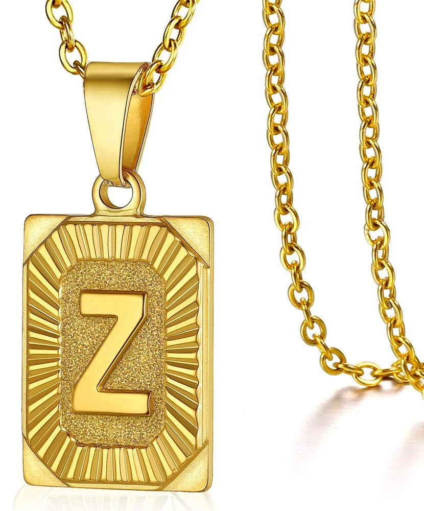 Initial Letter Pendant Necklace – Stainless Steel Cuban Link Chain, Square Charm Alphabet Necklace for Men & Women, Couple Gift Jewelry