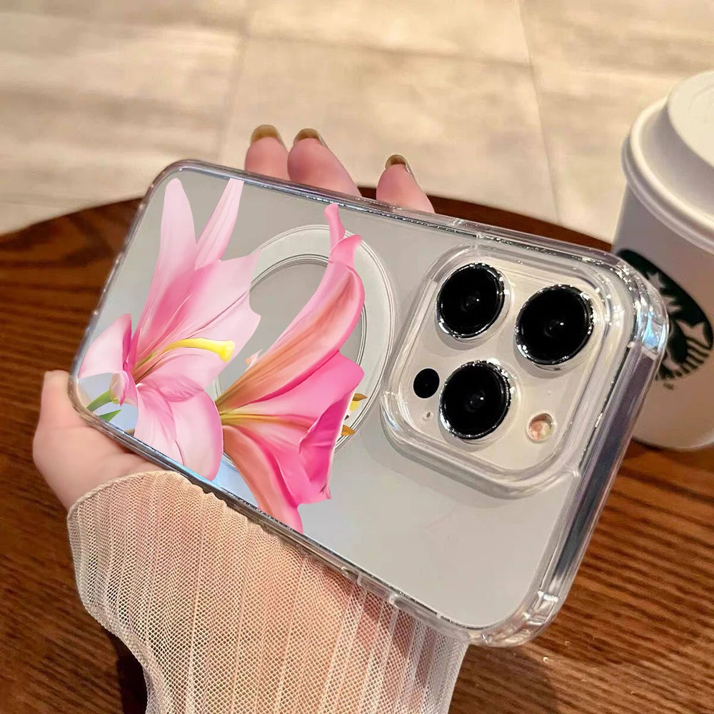 Pink Lily Cherry Blossom Magnetic Clear Phone Case for iPhone