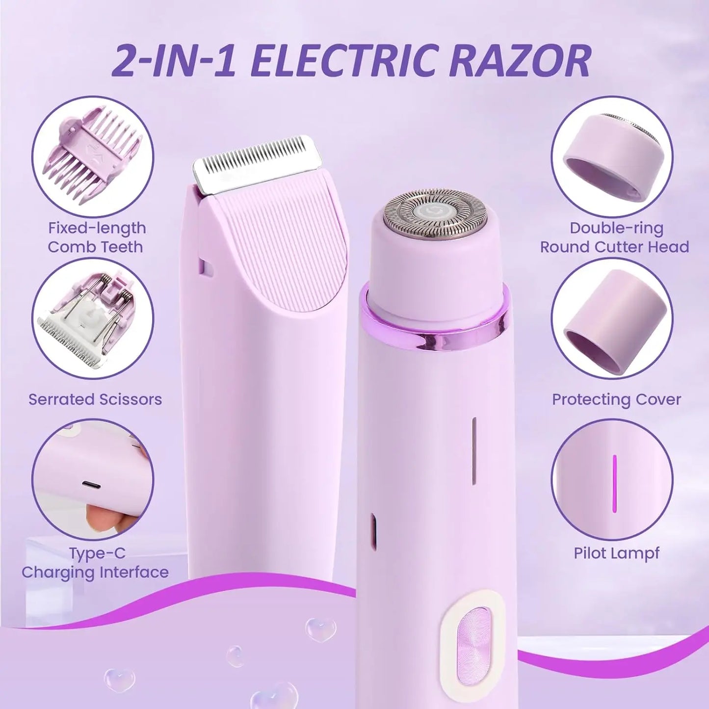 2-in-1 Electric Razor for Women – Waterproof Bikini Trimmer & Body Shaver | Wet & Dry Use | IPX7 Rated for Pubic Hair, Legs, Underarms & More