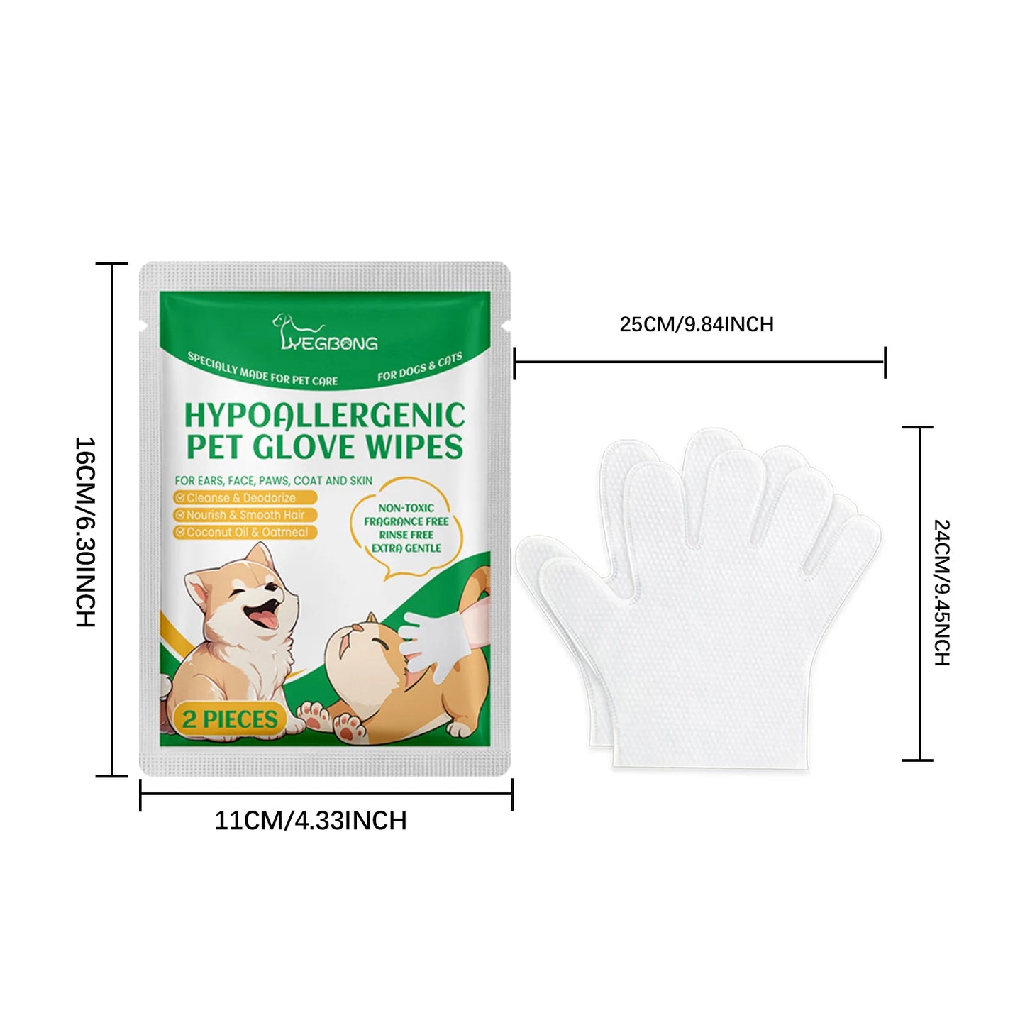 No-Rinse Pet Cleaning Gloves – Dogs & Cats, Coconut Oil & Glycerin, Disposable Wipes