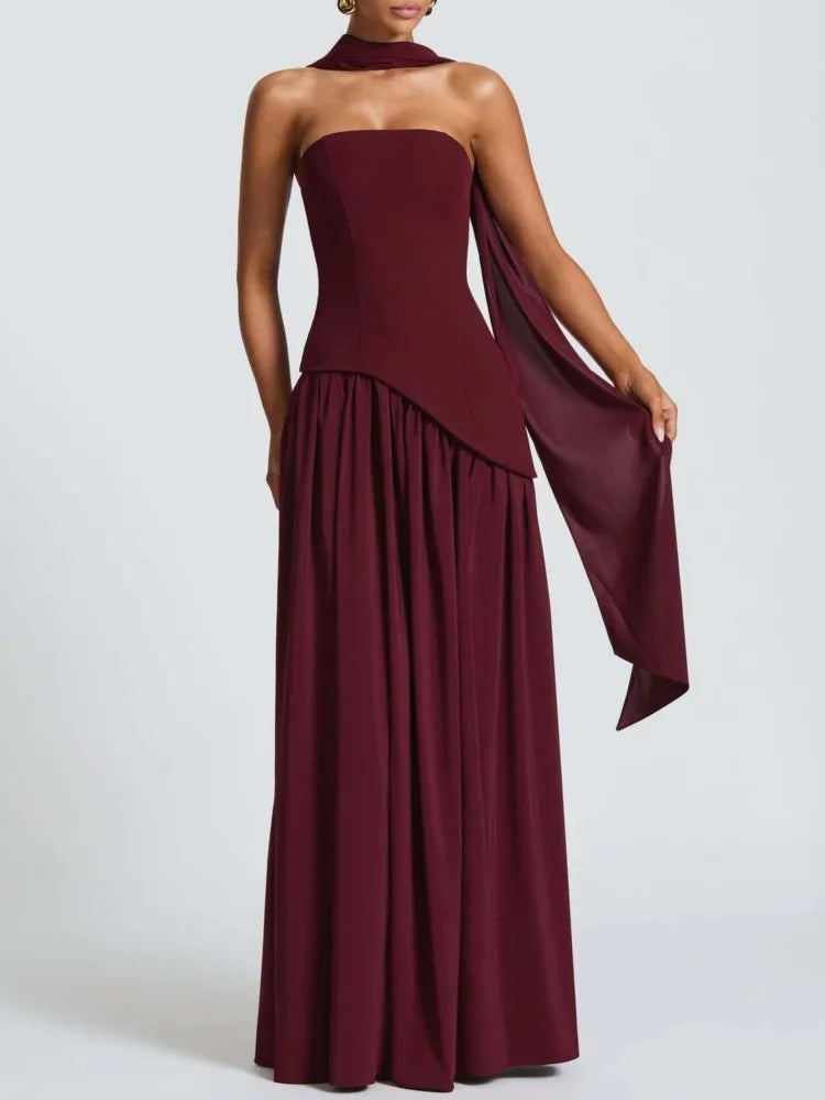 Elegant Pleated Long Dress for Women – Off-Shoulder, Scarf Neck, High Slit | Party & Evening Gown