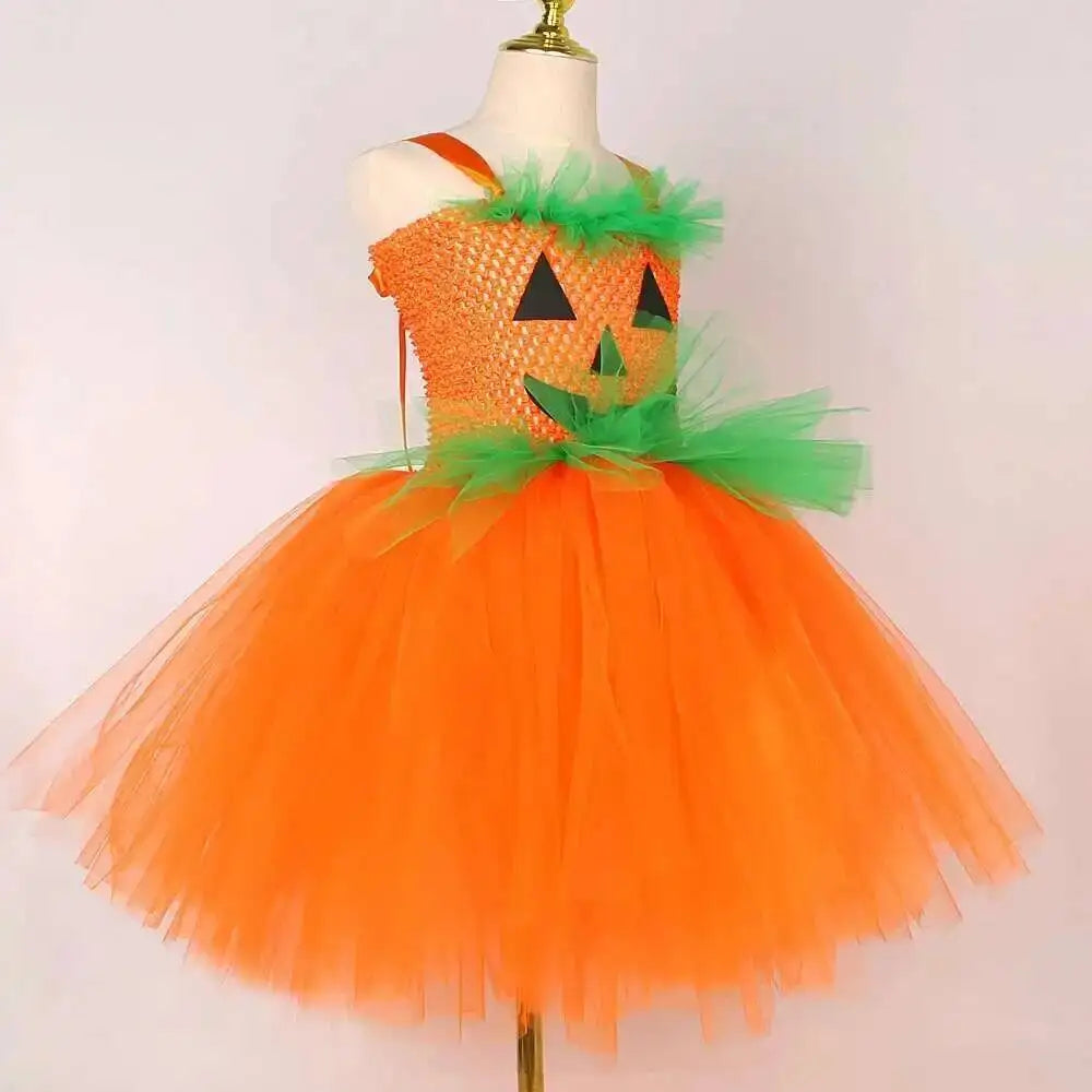 Girls Pumpkin Witch Costume – Halloween Fancy Dress Outfit with Tutu for Kids, Carnival & Party Wear