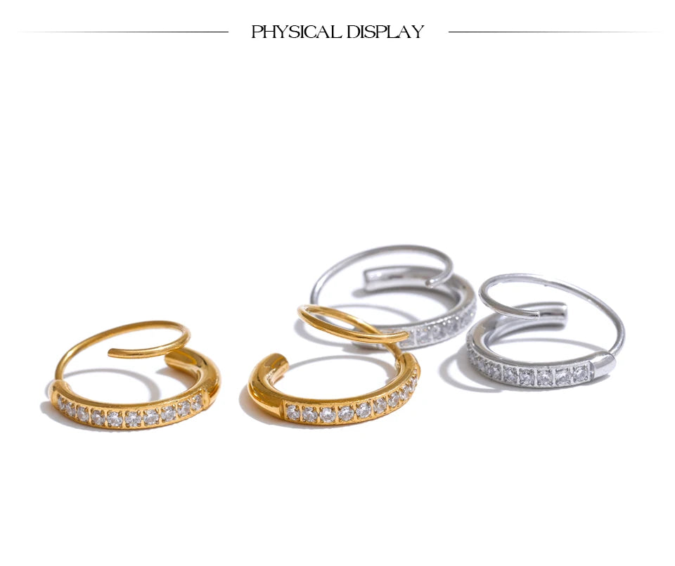 Stainless Steel Twisted Hoop Earrings with Cubic Zirconia for Women – Double-Look Design, Waterproof Fashion Jewelry