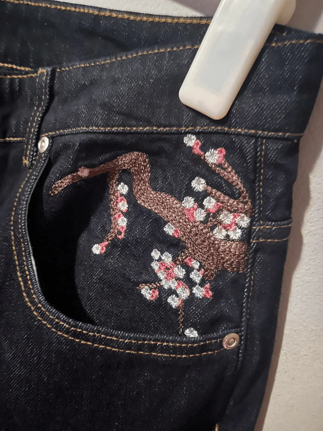 Embroidered Denim Jeans with Cherry Blossom, Dragon and Graphic Designs