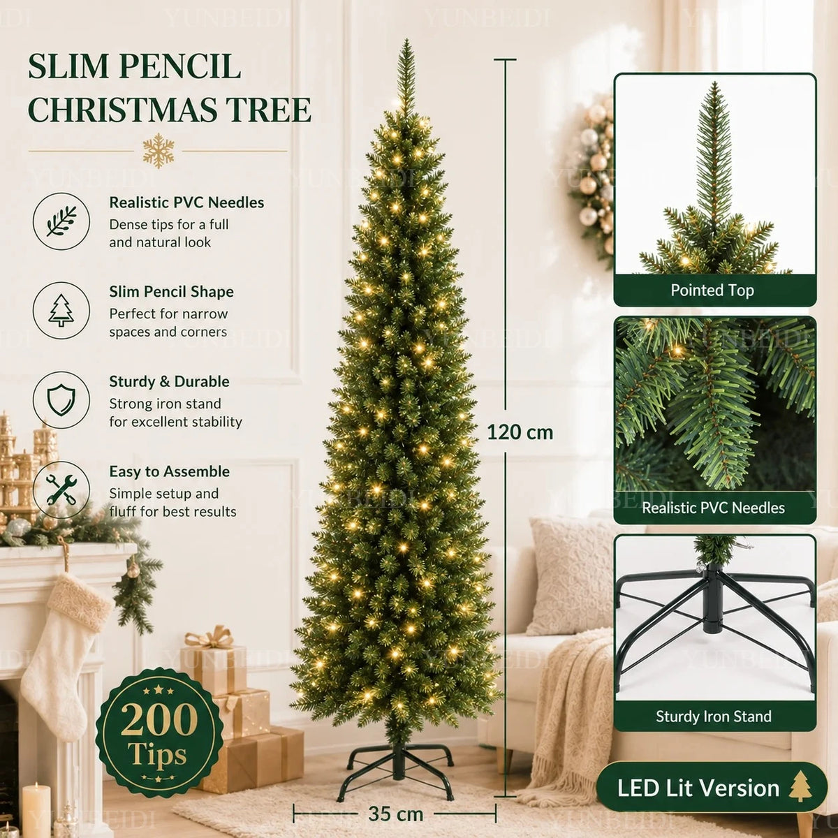 Slim Pencil Artificial Christmas Tree with Metal Stand, 120–210 cm Green PVC Tree with Optional Warm White USB Lights