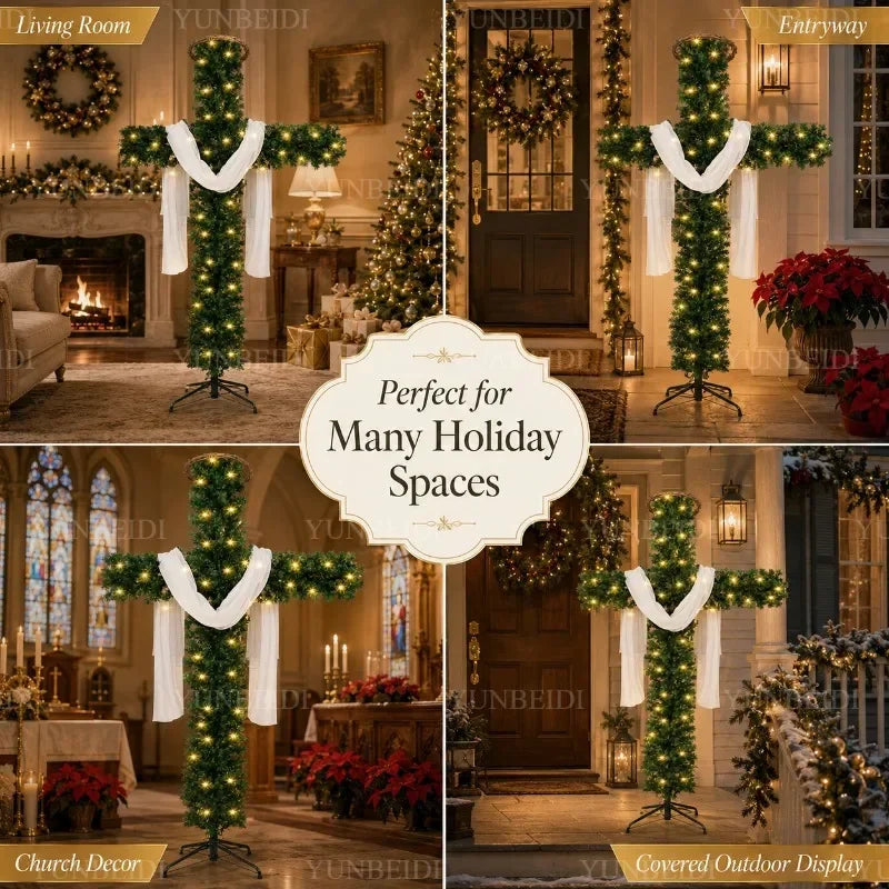 Cross-Shaped Artificial Christmas Tree with Metal Stand, 150 or 180 cm Green PVC Religious Holiday Decoration with Optional USB Lights