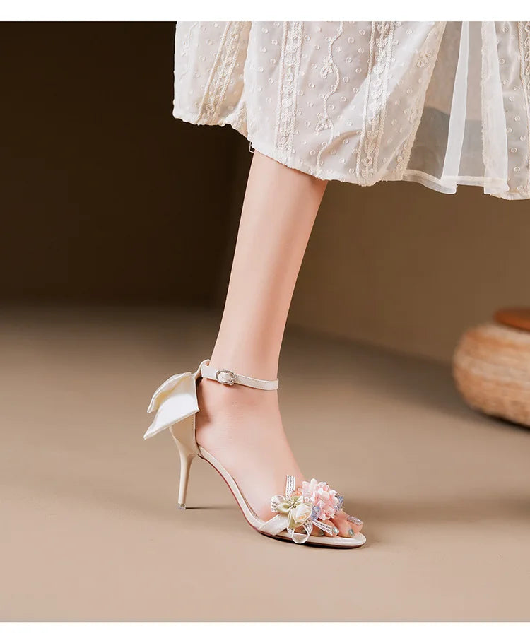 Women’s Open Toe High Heel Sandals – Satin Flower Bow, Buckle Strap, Elegant Dress & Wedding Shoes