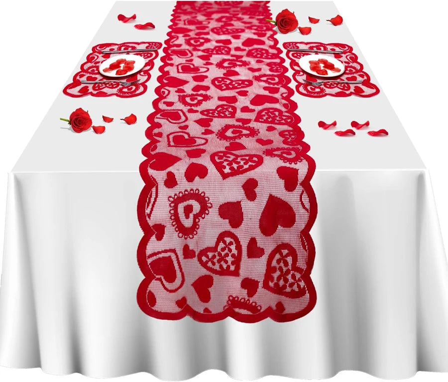 Classic red heart design polyester woven table runner, suitable for Valentine’s Day, family dining, home decoration, and everyday or special occasions.
