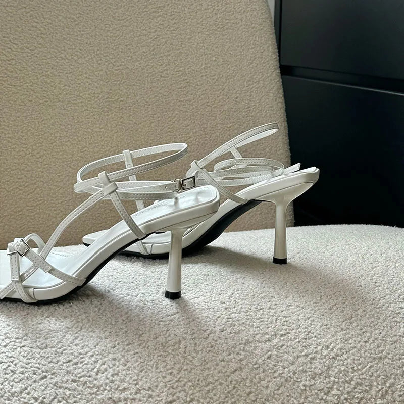 Women's Thin Heel Sandals – Ankle Buckle, Square Toe, Shallow Pumps, Fashion High Heels Footwear