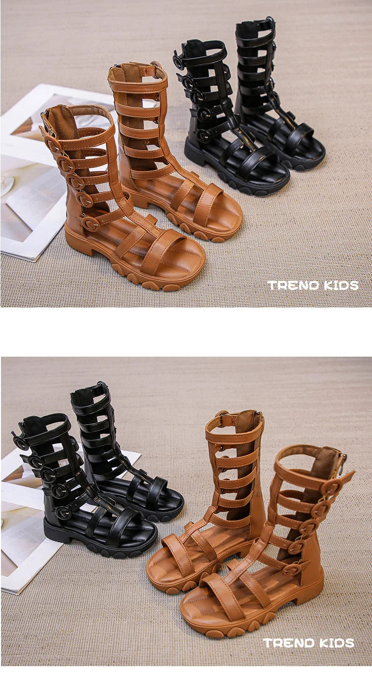 Girls' High-Top Roman Sandals – Soft Sole Summer Shoes for Children | Cut-Out Design, Buckle & Zipper | Princess Beach Sandals