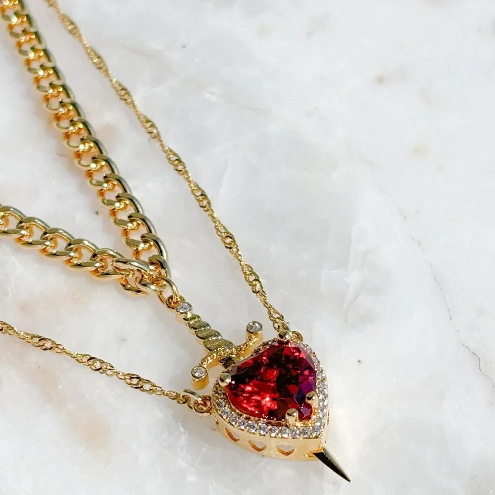 Snow White Inspired Heart & Sword Couple Necklace – Romantic Pendant Jewelry Gift for Women