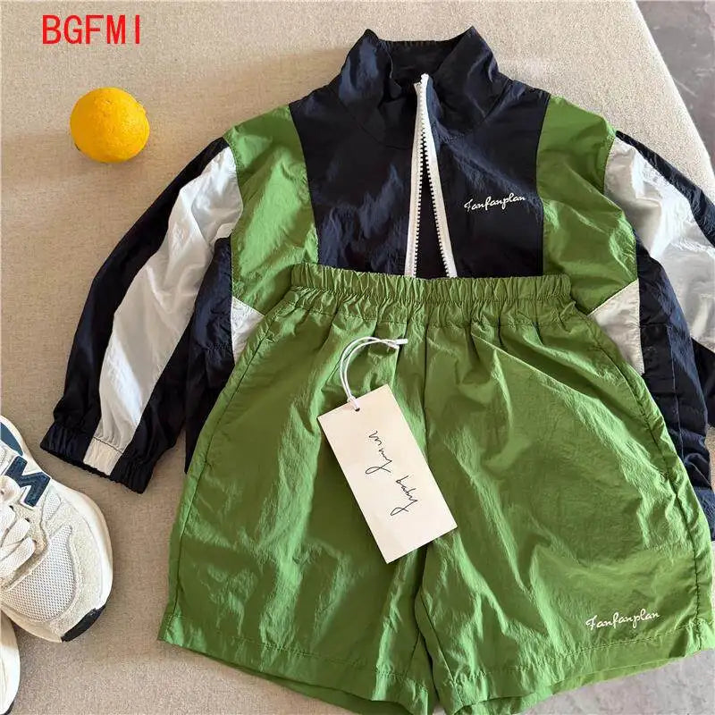Kids Color-Block Sunscreen Jacket & Shorts Set – Boys & Girls, Quick-Dry, Ages 7-13