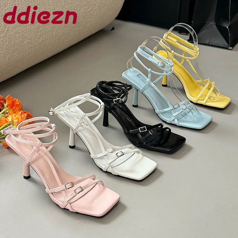 Women's Thin Heel Sandals – Ankle Buckle, Square Toe, Shallow Pumps, Fashion High Heels Footwear