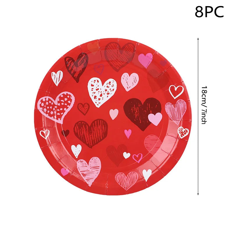 Love Heart Disposable Tableware Set – Paper Plates, Cups, Napkins & Tablecloth for Valentine’s Day, Wedding, Anniversary & Party Decor
