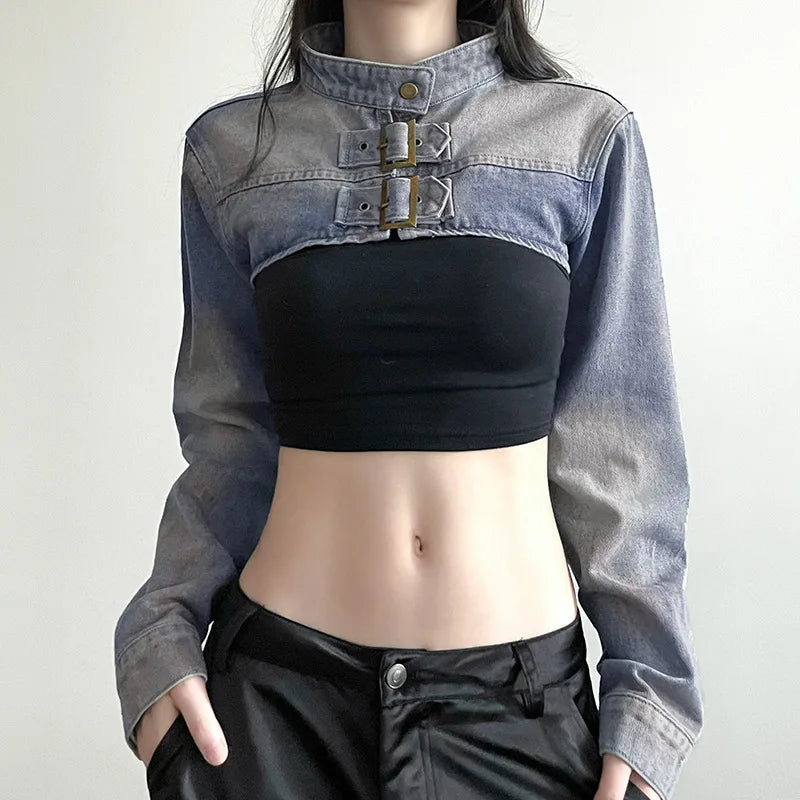 Denim Y2K Aesthetic Cropped Coat – Vintage Harajuku Fashion Women’s Streetwear Jacket