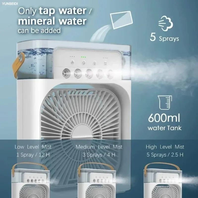 3-in-1 Desktop Air Cooler Fan with Humidifier, LED Light & Timer – Portable USB Spray Fan for Home & Office