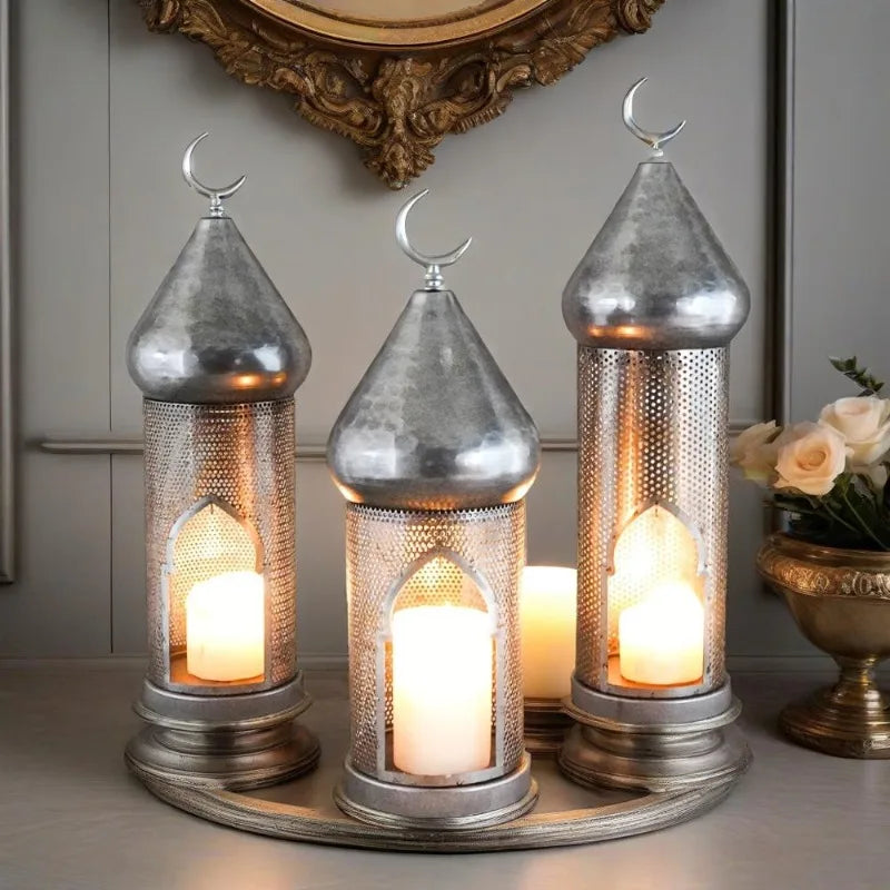 European Style Iron Hollow Wind Light Candle Holder – Ramadan & Eid Islamic Décor, Holiday Lantern for Christmas, Halloween, Parties, Home Decoration & Photography Props