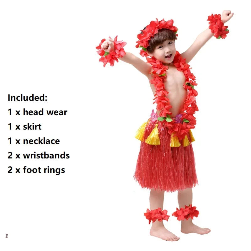 Hawaiian Hula Costume Set for Kids & Teens – Grass Skirt, Top, Flower Lei Necklace, Headband, Anklets & Bracelets (40 cm)