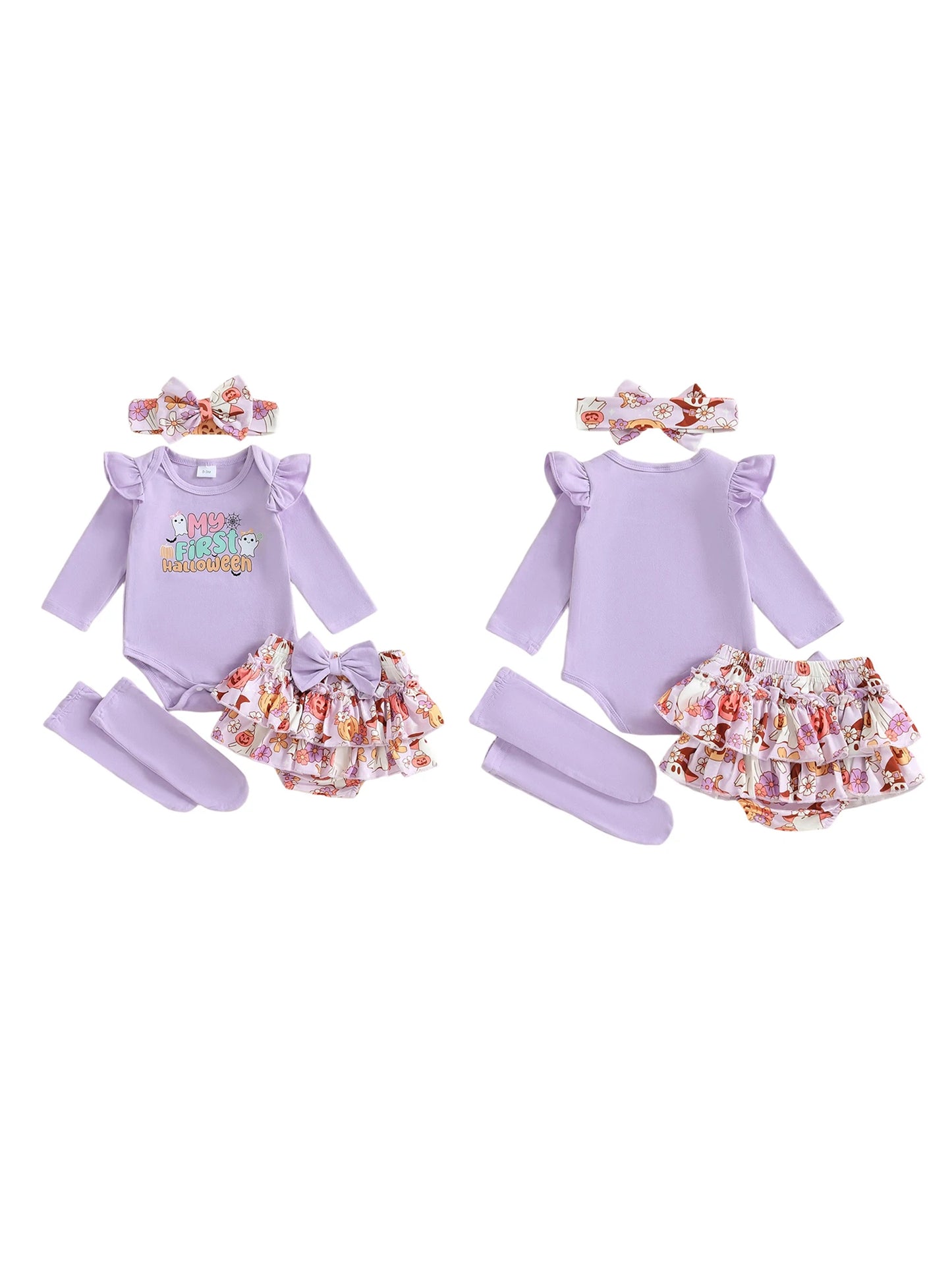 Baby Girls Halloween Outfit – Long Sleeve Romper, Ruffle Shorts, Headband & Socks Set