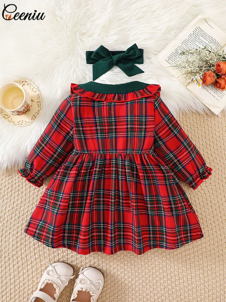 Baby Girl New Year Dress – Green Christmas Tree Print Outfit, “My First New Year” Costume for Newborns & Toddlers