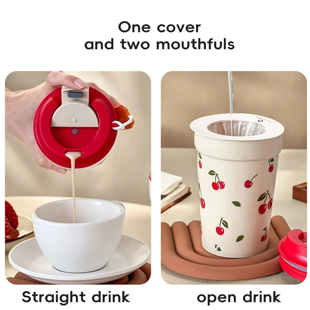 Cherry Pattern Plastic Tumbler Cup with Rope – 350–400ml Reusable Water, Coffee & Milk Mug