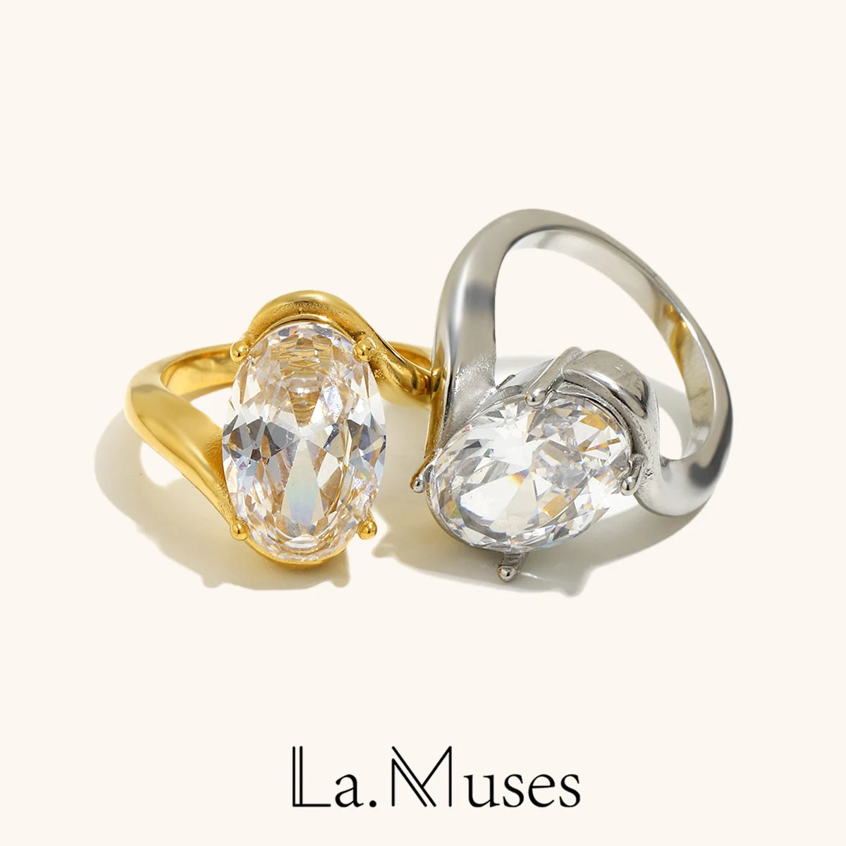 Elliptical Zircon Asymmetric Stainless Steel Women’s Ring – Gold Plated Fashion Jewelry