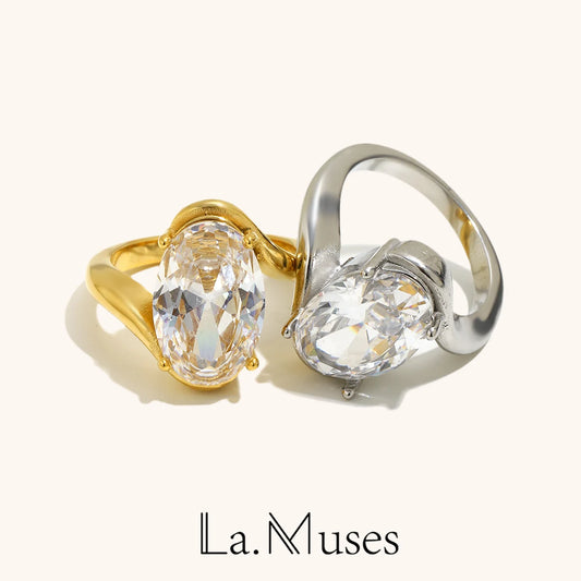 Elliptical Zircon Asymmetric Stainless Steel Women’s Ring – Gold Plated Fashion Jewelry