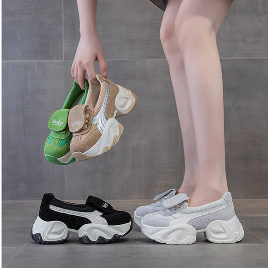 Fujin 7cm Air Mesh Platform Wedge Sneakers – Ladies' Comfy, High-Top, Genuine Leather, Summer Peep Toe, Lace-Up, Chunky Casual Shoes