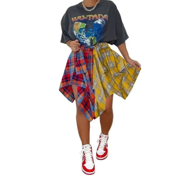 Women Plaid Irregular High Waist Knee-Length Skirt