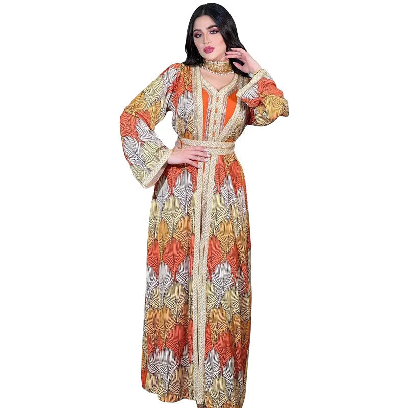 Long-Sleeved Jalabiya Set with Rhinestone Details and Woven Ribbon