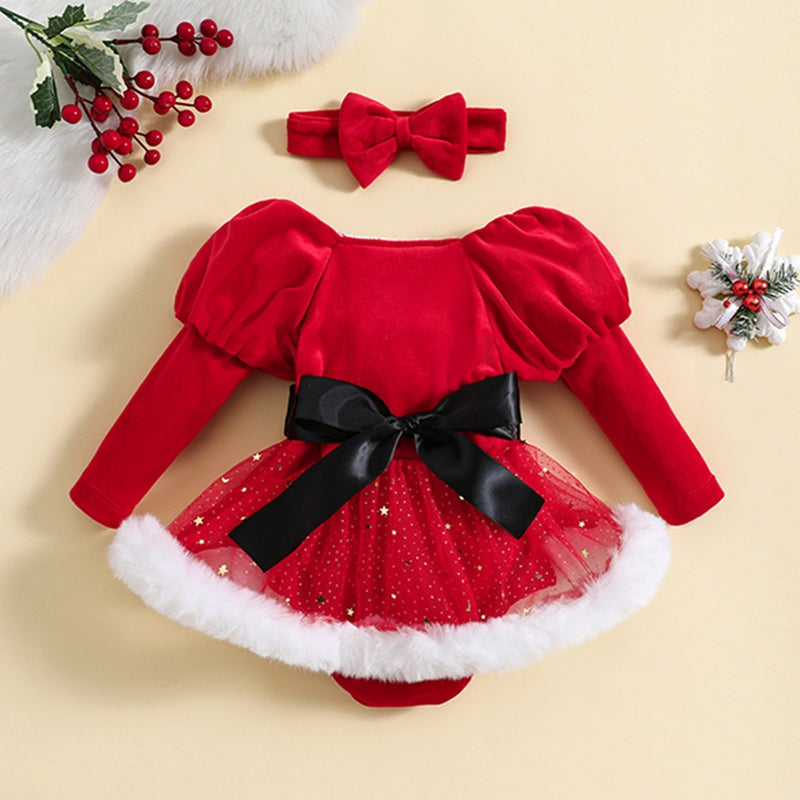 Baby Girl Holiday Outfit – Long Sleeve Romper Dress with Stars & Moon Skirt and Matching Headband
