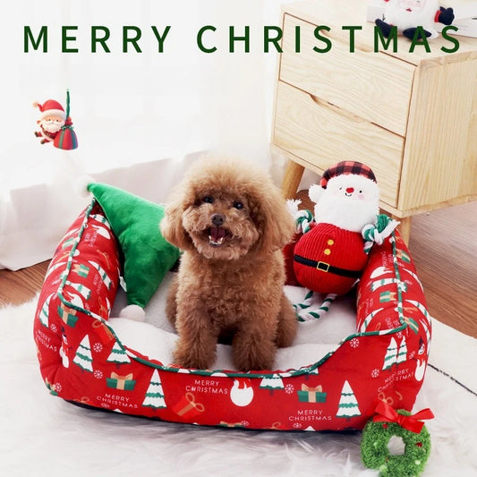 Christmas Cat and Small Dog Bed with Raised Bolster Sides and Soft Sleeping Cushion, Festive Indoor Pet Nest
